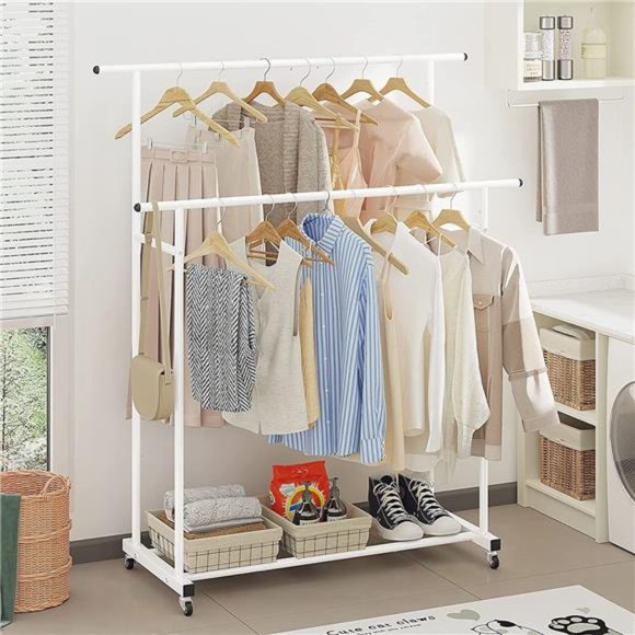 Double Rod Clothing Garment Rack, Rolling Hanging Clothes Rack, Portable White - Picture 5 of 7